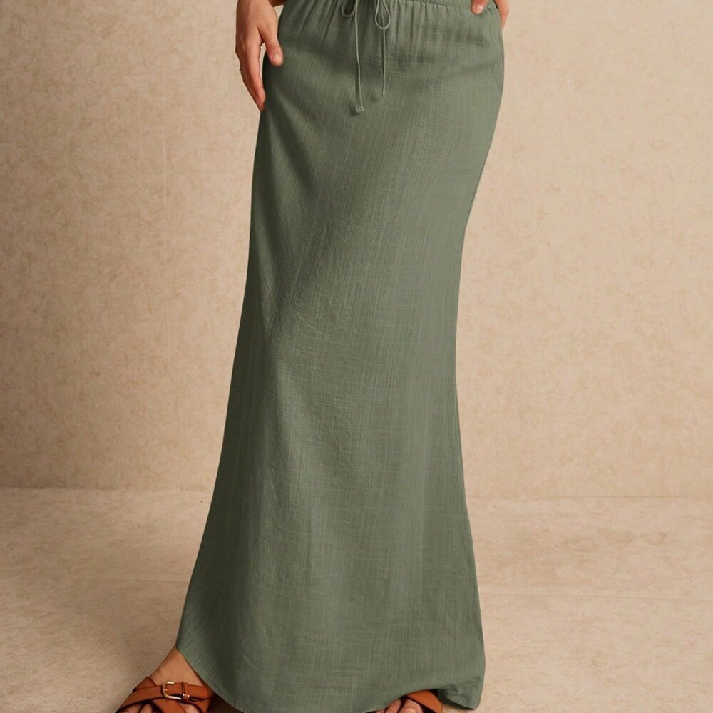 Army Green Casual Women's Long Skirt - Picture 2 of 5